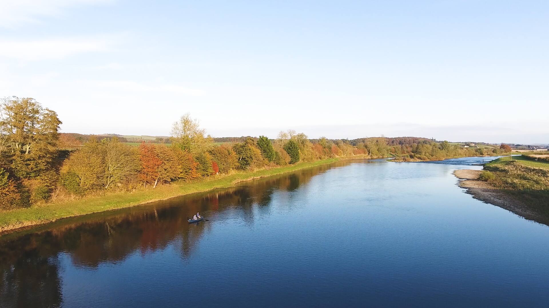 Aerial view along the River Tweed at Upper North Wark with autumn trees on the bank