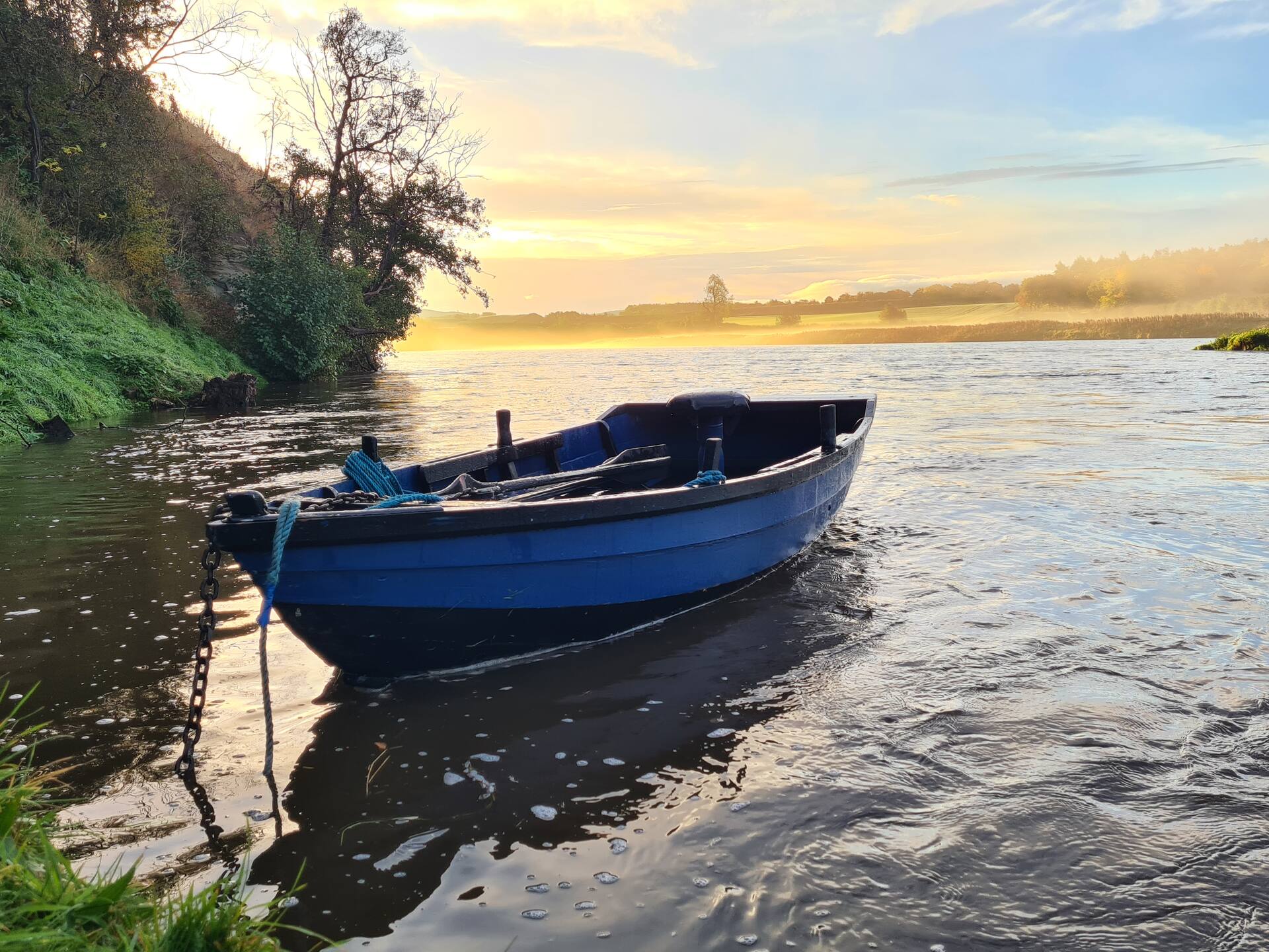 A blue fishing boat moored at the bank in golden morning light on the Tweed
