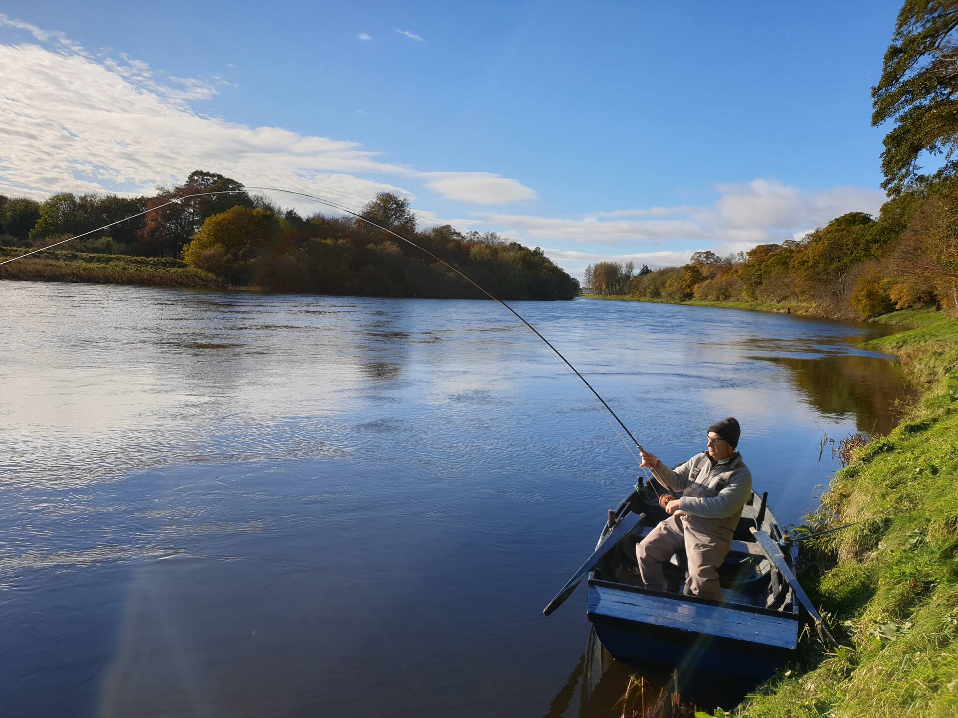 An angler into a fish from a boat beside the bank, with autumn colour along the river