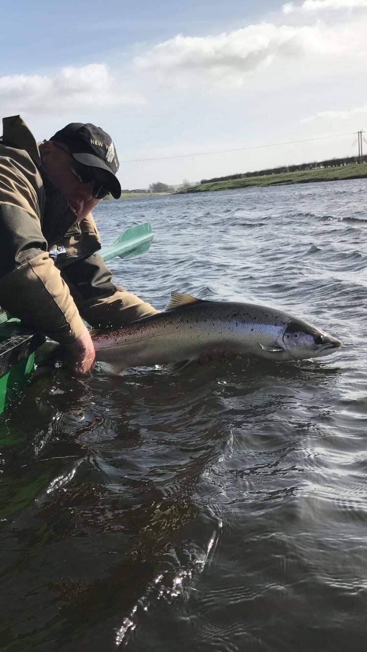 An angler leaning from the boat to release a salmon back into the river